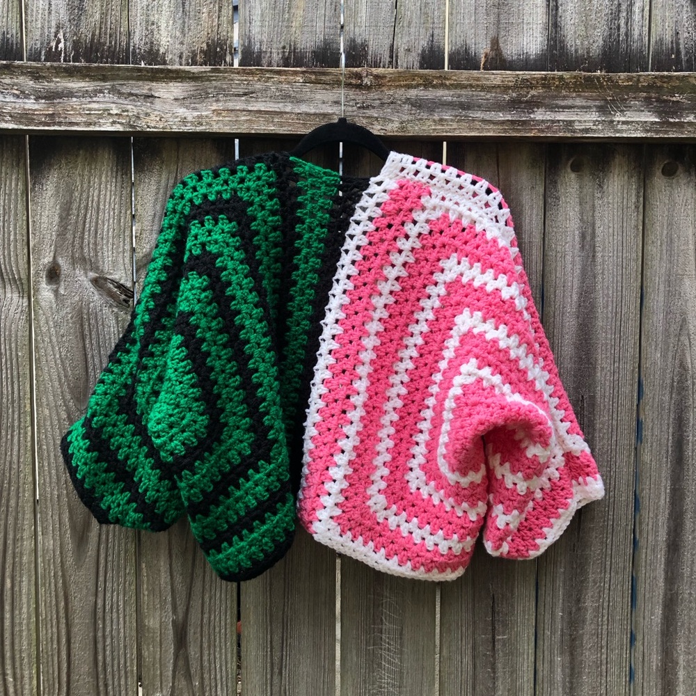 Handmade Crochet Cardigan Color Block Granny Square Open Front Slouchy - Picture 7 of 10